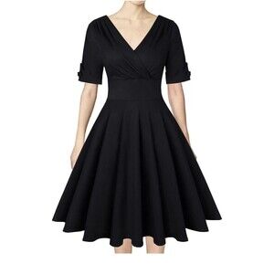 Mint Limit Women's Black Short Sleeve Wrap Dress V-Neck Zipper Cotton Retro 50’s